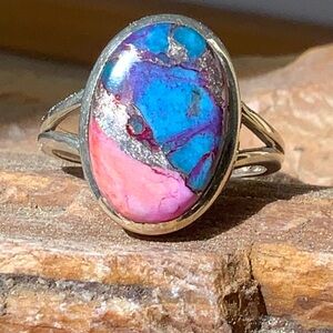 KINGMAN Pink Dahlia Turquoise 925 Sterling Ring, Size 7